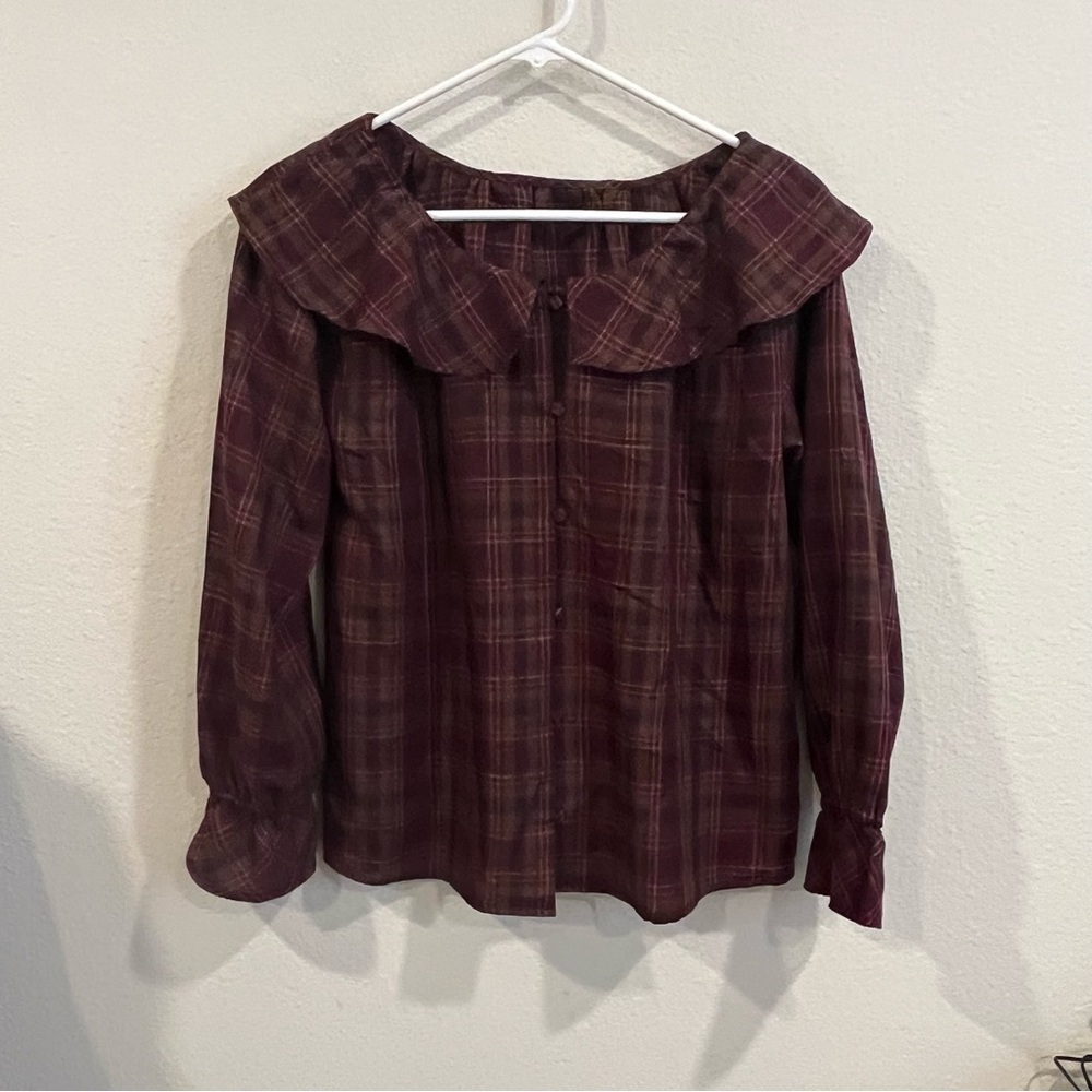 Majestic Legon burgundy plaid long sleeve shirt ruffle front medium